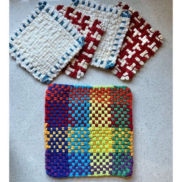 Handmade Other - Handwoven Cotton Pot Holders Set Of 5 - Multicolor Large & Red/White/Blue Small